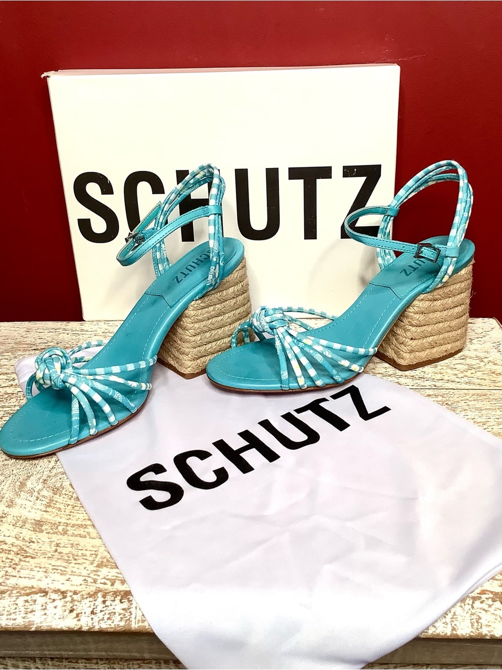 SCHUTZ Dahra River Aqua Knotted Print Braided Espadrille Block Heel Wedge Sandal